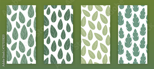 Vector seamless patterns set of many different green leaves icons. Cute kids nature print. Simple style floral background. Flat plant element for dried spices, tea packaging design, advertising layout