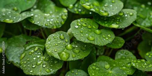 Traditional herbal medicine plant, raindrops on gotu kola leaves. Natural background Centella asiatica succulent fresh leaves, medicinal and cosmetic plant