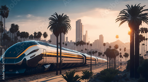 A sleek, high-speed bullet train zipping through Los Angeles, showcasing modern transportation technology and connecting the city’s vibrant urban landscape with futuristic infrastructure.