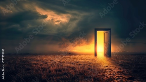 Light shining trough open door in field at night