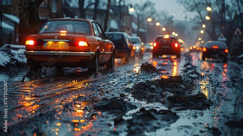 A scene depicting a line of cars slowing down to avoid multiple potholes on a deteriorating city street, with frustrated drivers carefully maneuvering  photo