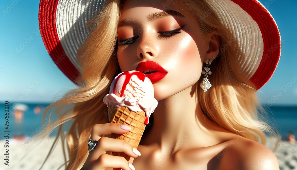 Hübsche, blonde, junge Frau mit sommerlichem Hut ißt genussvoll ein Eis. - obrazy, fototapety, plakaty 