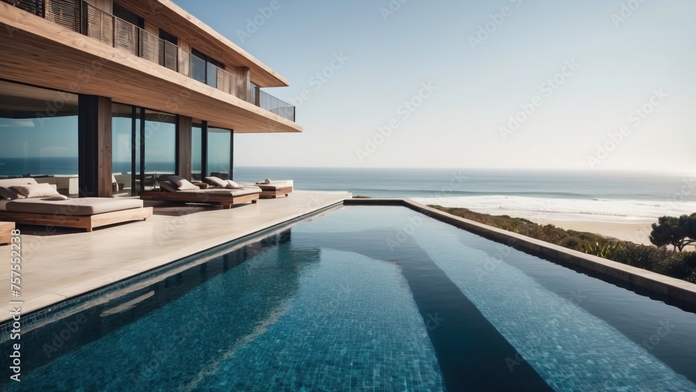 Obraz premium Luxurious beachfront residence featuring a private rooftop infinity pool with panoramic views of the Pacific Ocean in Malibu, California