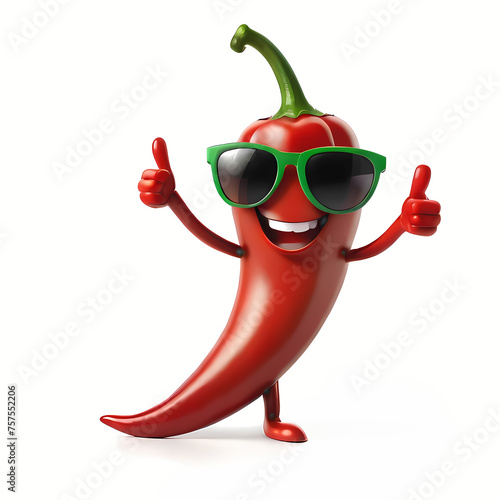Happy smiling red chili pepper character wearing sunglasses and gives thumbs up, funny cartoon chili pepper character showing thumbs-up with white background, chili pepper