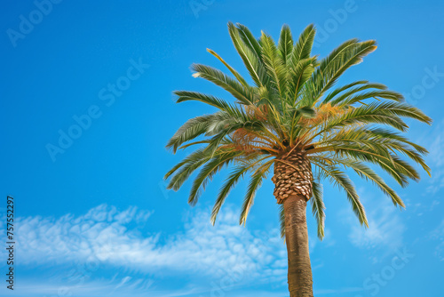 Single palm tree against a clear blue sky with light clouds