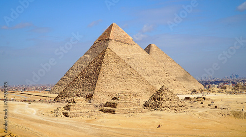 Giza Pyramid Complex. Giza Necropolis in Cairo Egypt. Khufu (Cheops or the Great Pyramid), Khafre and Menkaure.