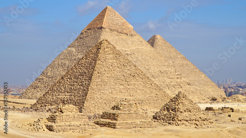 Giza Pyramid Complex. Giza Necropolis in Cairo Egypt. Khufu  Cheops or the Great Pyramid   Khafre and Menkaure.