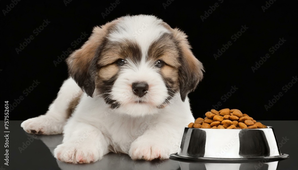 Hungry Hound: Puppy with Food Bowl, Isolated on Transparent Background