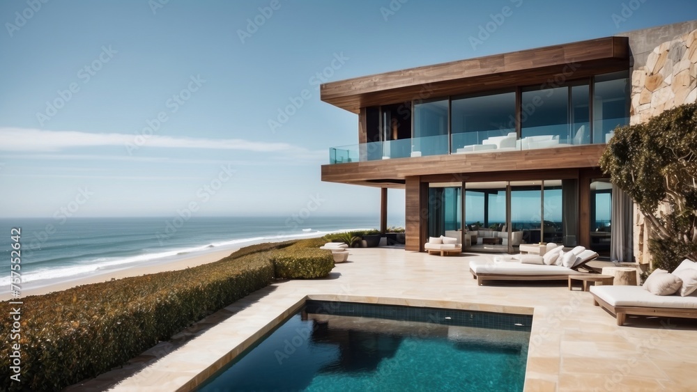 Fototapeta premium Luxurious beachfront residence featuring a private rooftop infinity pool with panoramic views of the Pacific Ocean in Malibu, California