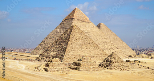Giza Pyramid Complex. Giza Necropolis in Cairo Egypt. Khufu (Cheops or the Great Pyramid), Khafre and Menkaure.