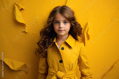 The most beautiful female child in a professional dress, against a background of a vivid and energetic yellow wall.