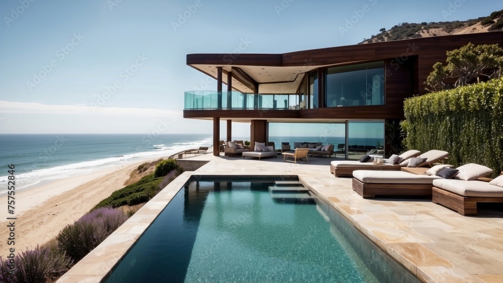 Obraz premium Luxurious beachfront residence featuring a private rooftop infinity pool with panoramic views of the Pacific Ocean in Malibu, California