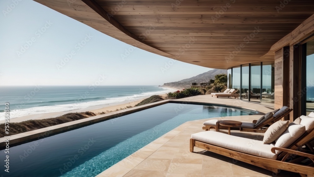 Fototapeta premium Luxurious beachfront residence featuring a private rooftop infinity pool with panoramic views of the Pacific Ocean in Malibu, California