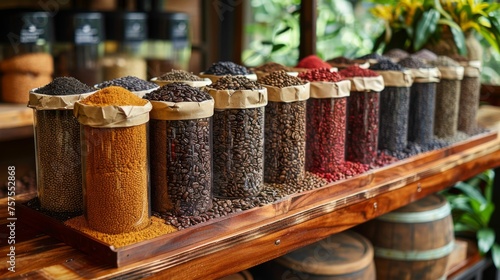 A series of high-quality, artisanal coffee beans and tea leaves packages lined up on a wooden shelf in a local gourmet shop, inviting customers to explore a world of exquisite flavors and aromas 