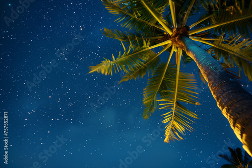 Palm tree under a night sky sprinkled with stars