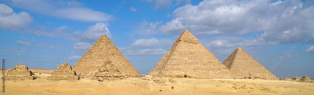 Giza Pyramid Complex. Giza Necropolis in Cairo Egypt. Khufu (Cheops or the Great Pyramid), Khafre and Menkaure. Giza Pyramid Complex. Giza Necropolis in Cairo Egypt. Khufu (Cheops or the Great Pyramid), Khafre and Menkaure.