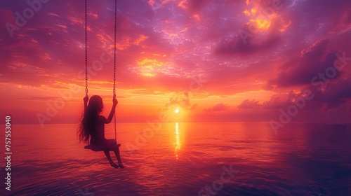 A silhouette of a young girl on a swing, reaching towards the sky as the sun sets behind her, creating a canvas of orange and purple hues, with the tranquil sea in the background, symbolizing freedom 