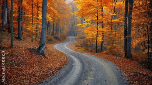 Navigate forest road through autumn colors. AI generative.