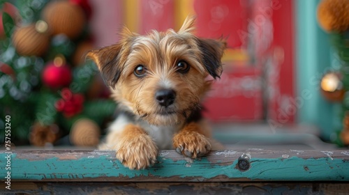 A small, scruffy terrier mix puppy, with a mix of excitement and patience, sitting by a brightly painted front door adorned with seasonal decorations, embodying the joyful spirit of waiting