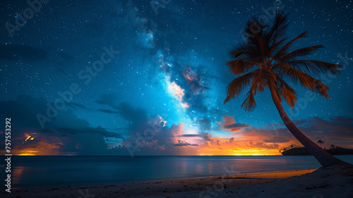 Palm tree on a beach with a stunning Milky Way view at dusk