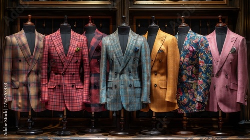 A sophisticated array of high-end men's suits and tuxedos displayed in a chic boutique, each piece meticulously crafted for gala events, weddings, or formal gatherings, emphasizing the fine