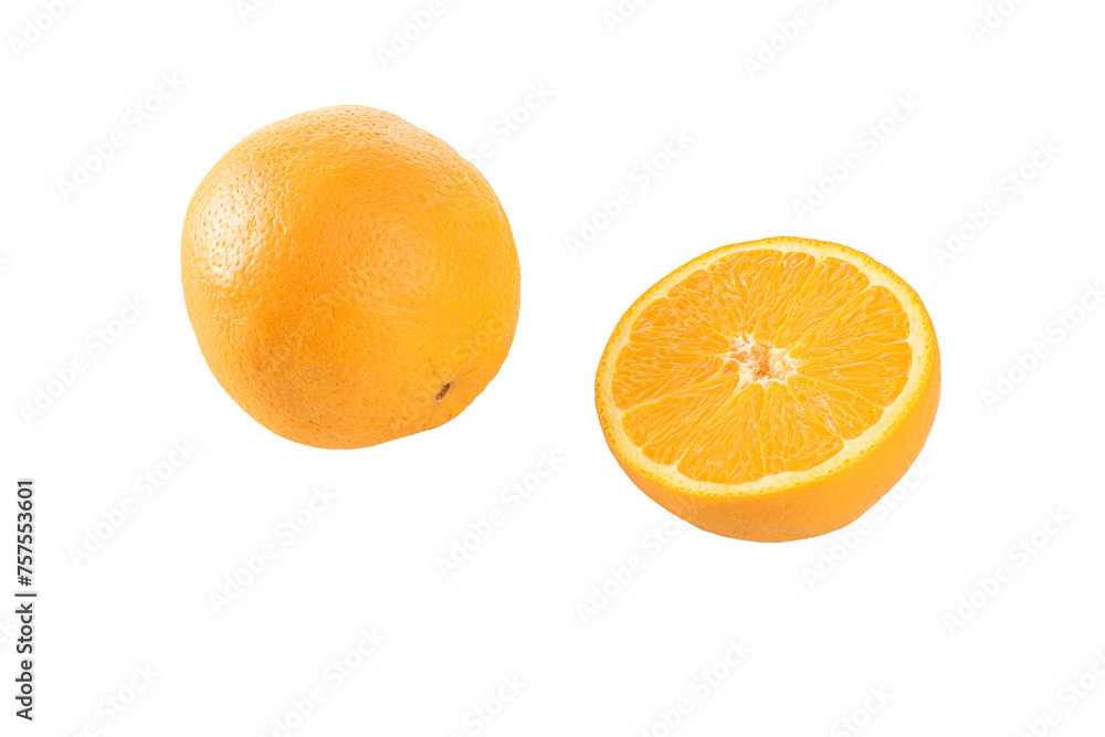 A whole orange and half an orange lie on a white mirror background and are reflected in it. A whole orange and half an orange lie on a white mirror background and are reflected in it.
