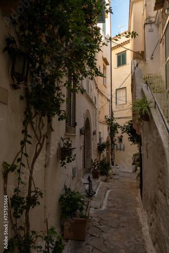White old houses and narrow streets in medieval small touristic coastal town Sperlonga  Latina  vacation in Italy