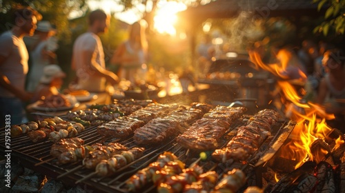 A summer barbecue party in a backyard, with a grill full of delicious food, people laughing and chatting, and a setting that screams summer gatherings photo
