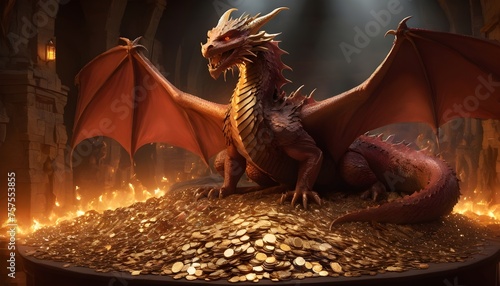 a mesmerizing image of Smaug perched atop his vast treasure hoard bathed in the golden glow of dragon s breath with gems and coins glinting in the firelight