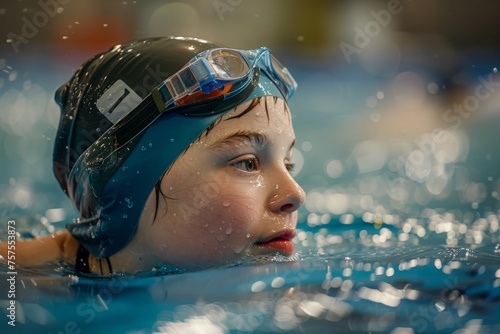 A young child with a swimming cap and goggles, ready to dive into the water for training.