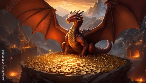 a mesmerizing image of Smaug perched atop his vast treasure hoard bathed in the golden glow of dragon s breath with gems and coins glinting in the firelight