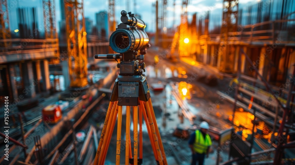 A surveyor's telescope sits atop a hill overlooking a sprawling construction site below. This strategic position allows for comprehensive surveying of the area, providing a bird's-eye - obrazy, fototapety, plakaty 