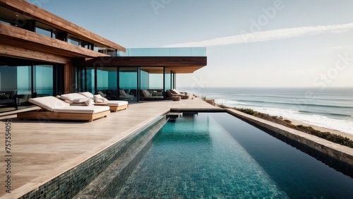 Luxurious beachfront residence featuring a private rooftop infinity pool with panoramic views of the Pacific Ocean in Malibu  California