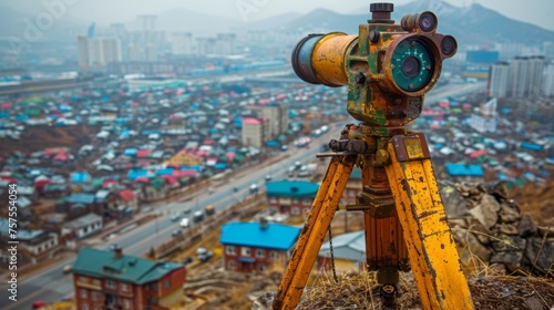 A surveyor's telescope sits atop a hill overlooking a sprawling construction site below. This strategic position allows for comprehensive surveying of the area, providing a bird's-eye