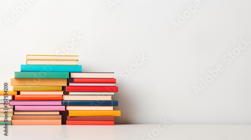 Colourful stack of books against minimalistic solid white background. Love for literature and reading concept. Banner for World Book Day event with copy space. 