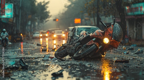 A tense moment as traffic comes to a halt, with a motorcycle sprawled across the road in front of a car with a cracked windshield. © Алексей Василюк