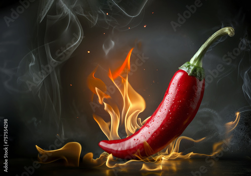 Red hot chili pepper with fire and smoke on dark background