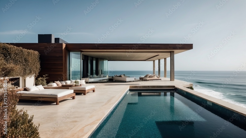 Fototapeta premium Luxurious beachfront residence featuring a private rooftop infinity pool with panoramic views of the Pacific Ocean in Malibu, California