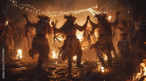 A traditional Saint John's Eve celebration, with people jumping over fires, telling stories, and singing folk songs, capturing the mystical and ancient rituals of this midsummer festival 