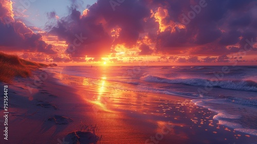 A tranquil beach at sunset, where the sky is ablaze with colors of orange, pink, and purple. The sound of waves gently crashing on the shore provides a soothing backdrop for a solitary figure walking