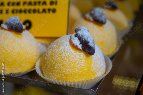 Polenta e Osei di Bergamo Alta most renowned sweet specialty of Bergamo’s cuisine, made from sponge cake, chocolate, butter, hazelnut creams and rum photo