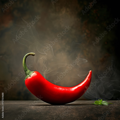 Hot smoking red chili pepper with smoke on dark textured background