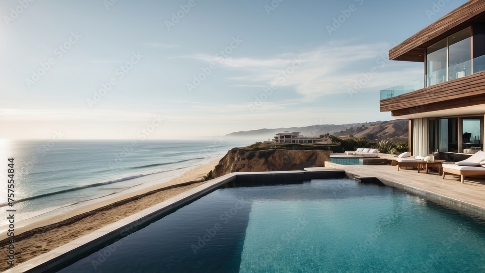 Obraz premium Luxurious beachfront residence featuring a private rooftop infinity pool with panoramic views of the Pacific Ocean in Malibu, California