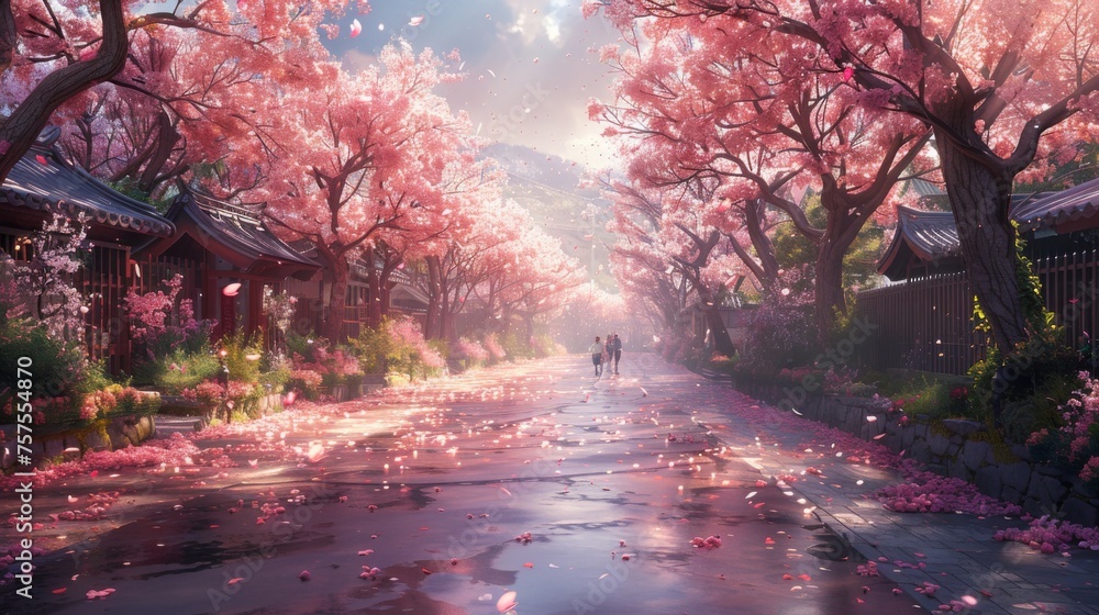 A vibrant spring morning in a blooming cherry blossom