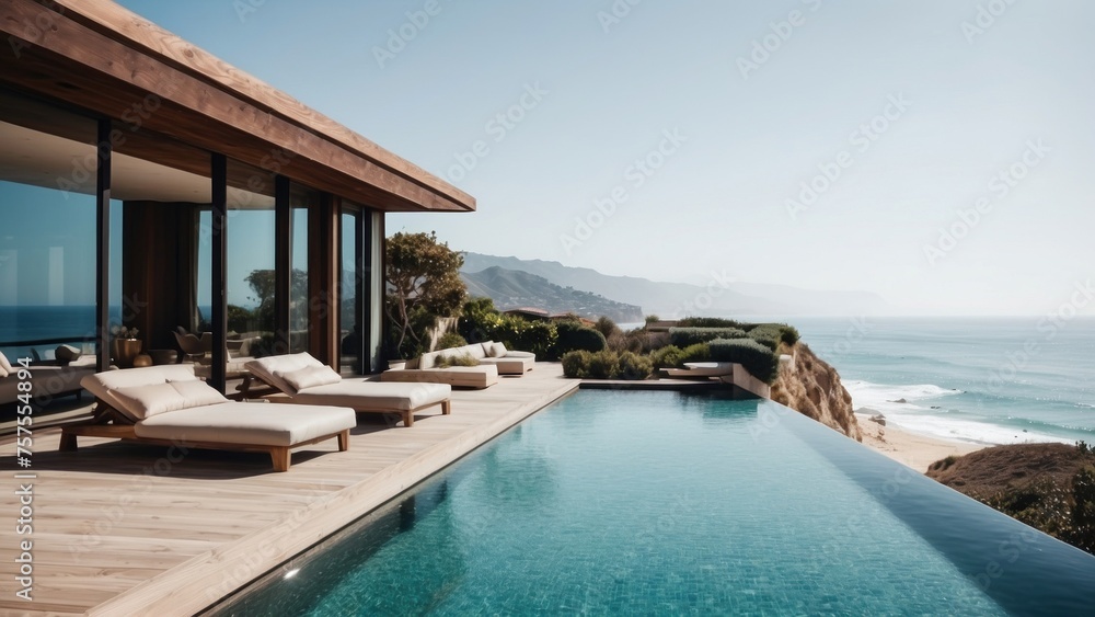 Luxurious beachfront residence featuring a private rooftop infinity pool with panoramic views of the Pacific Ocean in Malibu, California Luxurious beachfront residence featuring a private rooftop infinity pool with panoramic views of the Pacific Ocean in Malibu, California