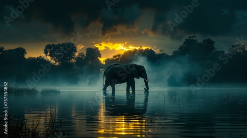 Tranquil Dawn with Elephant by the Water
