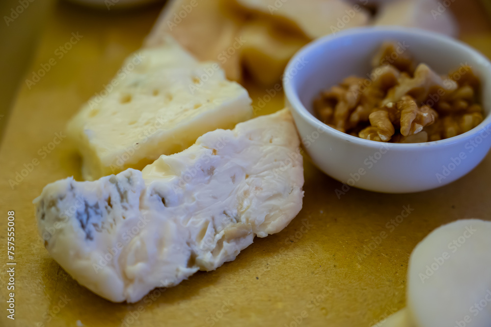 Cheese tasting, piece of italian blue cheeses gorgonzola dolce and picante with blue mold from north of Italy close up Cheese tasting, piece of italian blue cheeses gorgonzola dolce and picante with blue mold from north of Italy close up