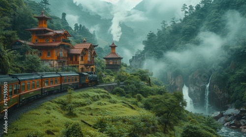 A vintage train journey through a lush  misty mountain landscape. Passengers gaze out of windows at the passing scenery  a tapestry of green hills  towering trees  and distant waterfalls.