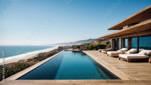 Luxurious beachfront residence featuring a private rooftop infinity pool with panoramic views of the Pacific Ocean in Malibu  California