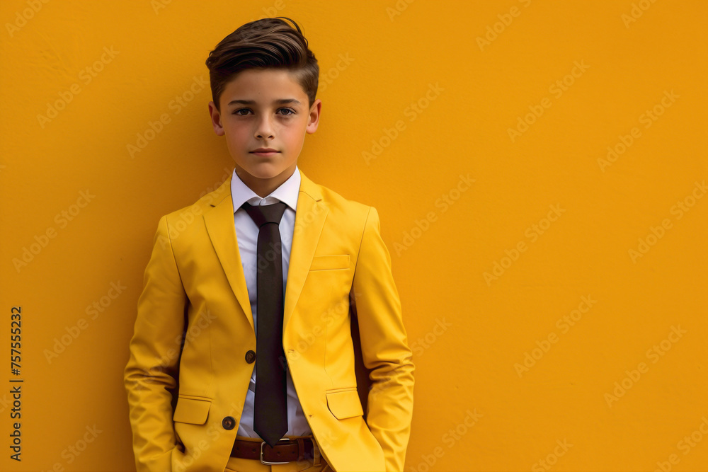 With a perfect hairstyle and a poised demeanor, the kid model stands gracefully in front of a solid yellow wall, exuding elegance in business wear. With a perfect hairstyle and a poised demeanor, the kid model stands gracefully in front of a solid yellow wall, exuding elegance in business wear.
